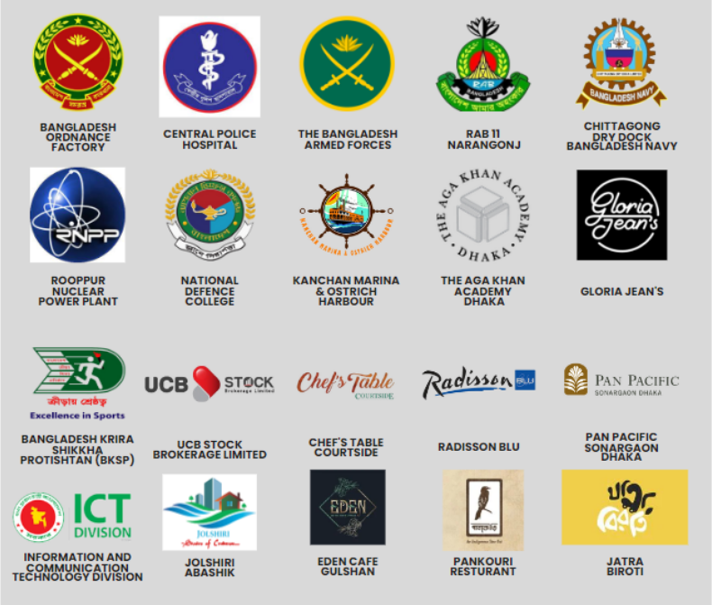 NeoTrap partners including Bangladesh Armed Forces, Central Police Hospital, Bangladesh Navy, Rooppur Nuclear Power Plant, National Defence College, The Aga Khan Academy, Gloria Jean's, Radisson Blu, Pan Pacific, ICT Division, and more